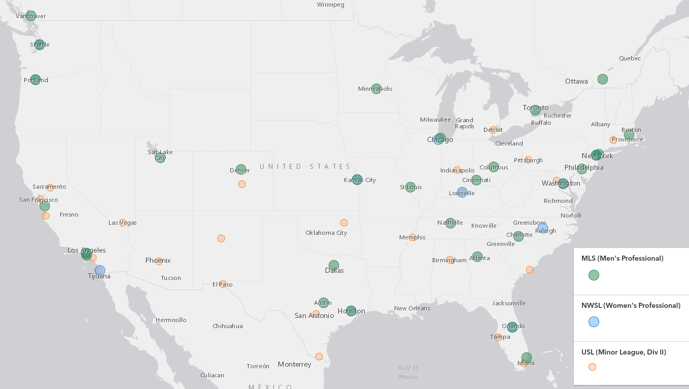 All USA soccer teams on one map All USA soccer teams on one map